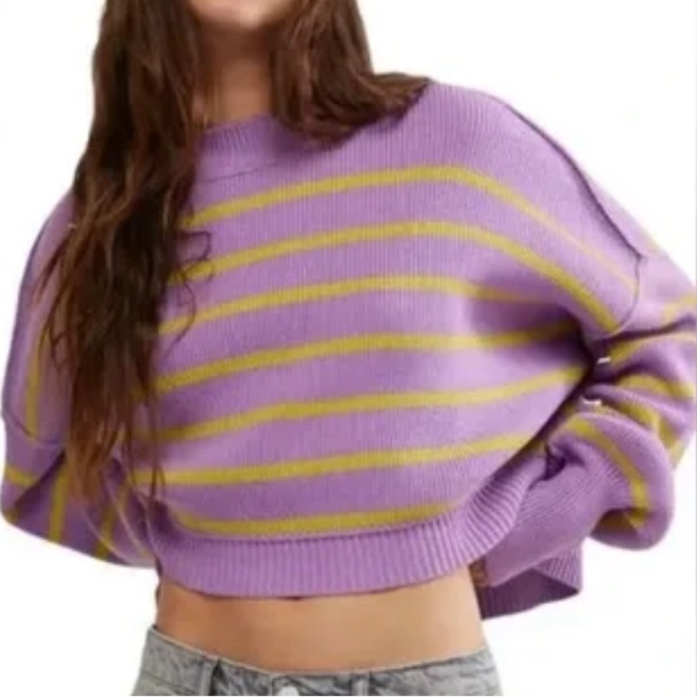 Free People Women XS Iris Orchid Combo Oversized Stripe Easy Street Crop Sweater